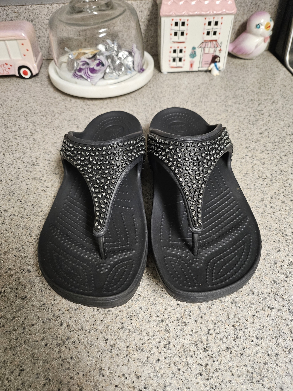 CROCS Black Wedge Flip Flop Sandals with Stud Embellishments - Picture 4 of 7